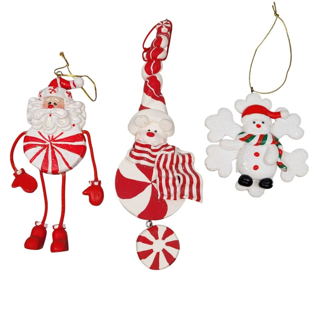 3 Christmas Tree Ornaments Peppermint Candy Swirl Santa Snowman Polymer Clay Vtg